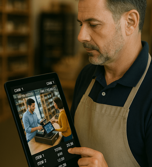 Business owner reviewing security footage on tablet